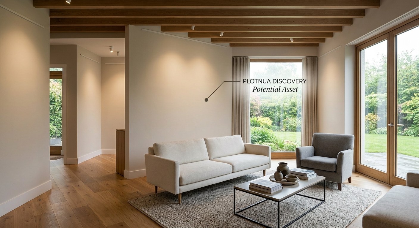 The same living room with its large wall empty, annotated by PlotNua as a potential asset.