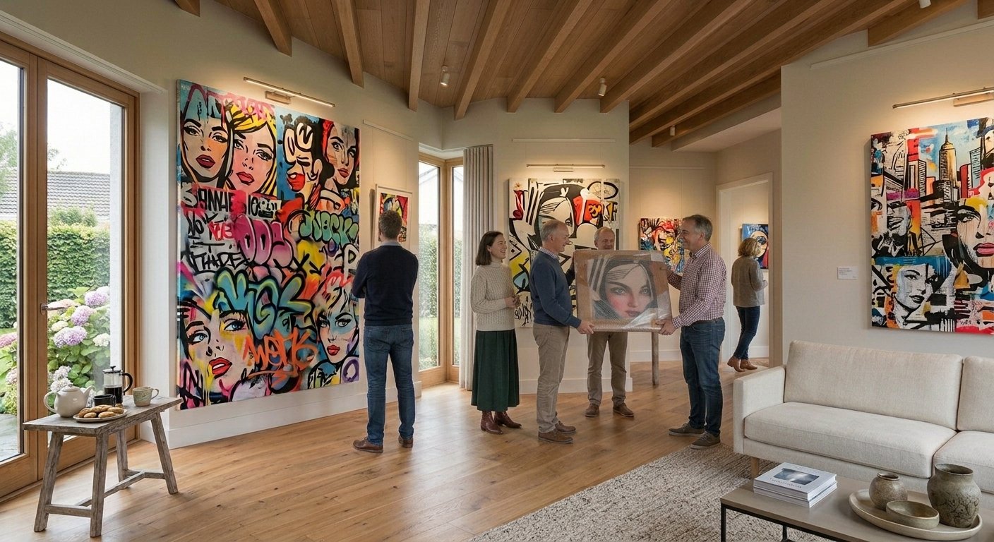 Two visitors holding a framed painting between them in the same living room, the rest of the group looking on.