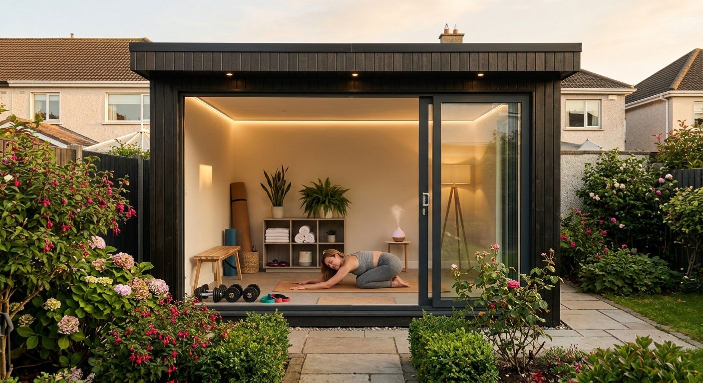 A garden room with its sliding door open, a woman stretching on a mat inside, weights and towels on shelves behind her.