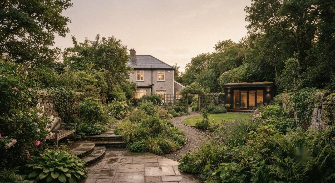 An Irish home at dusk, seen across a lush garden with a curved path, mature planting and a garden room glowing softly in the background