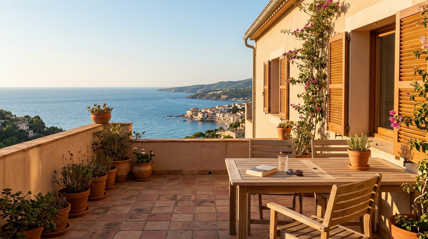 A terrace outside a Mediterranean house with wooden shutters and bougainvillea, looking out over a bay to a coastal village.
