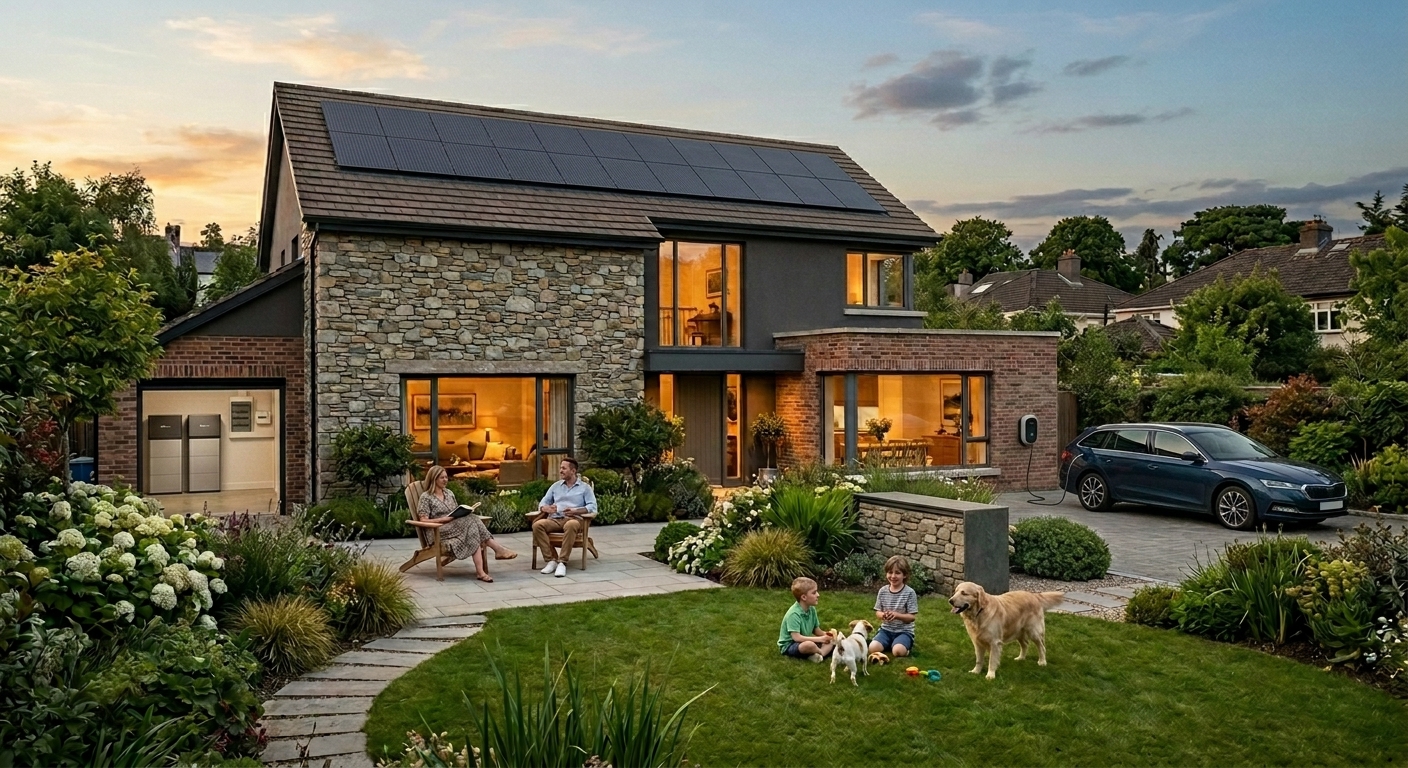 The same house at dusk with solar panels across the roof, two battery units in the open garage and a car charging in the driveway.