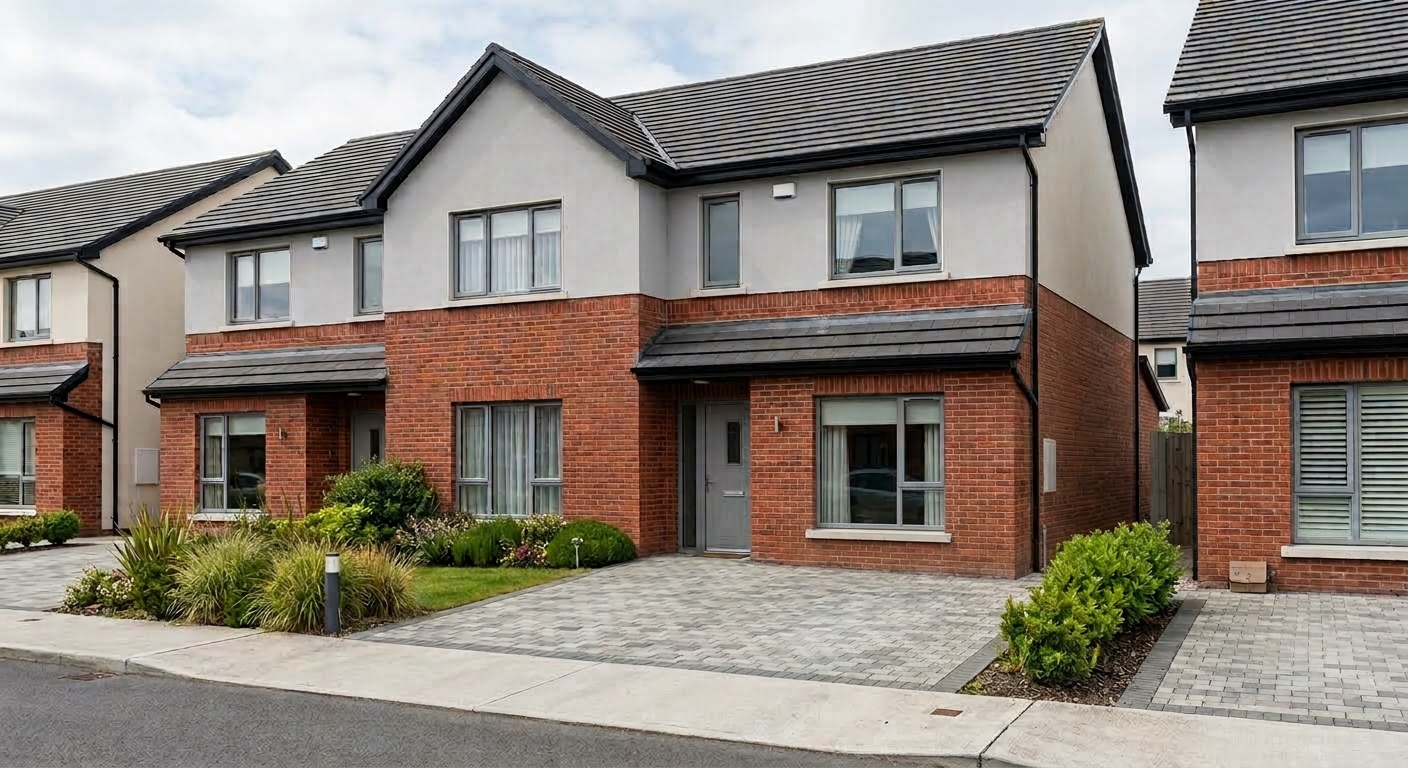 The same frontage with the three wheelie bins gone and the paving running unbroken across the ground they stood on.