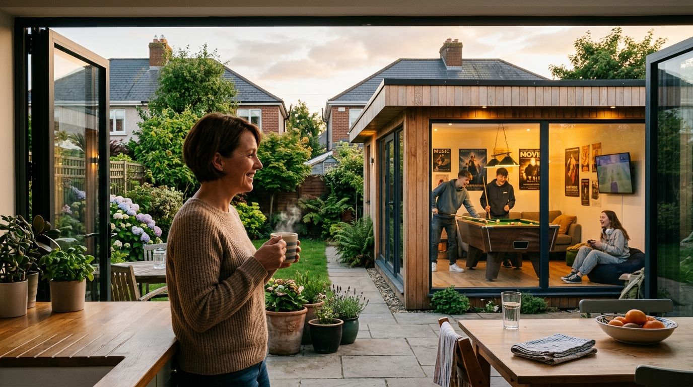 A woman with a mug in the kitchen doorway looking down the garden to a lit timber garden room where three teenagers are playing pool and sitting on a sofa.