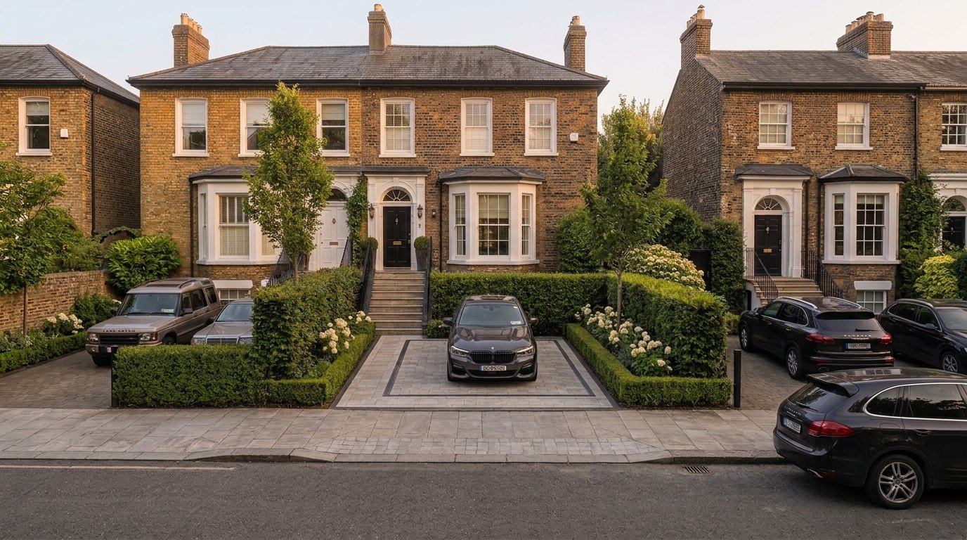 The same house after the work: cars accommodated without crowding the frontage, the paving calm and uninterrupted, the mechanism out of sight.
