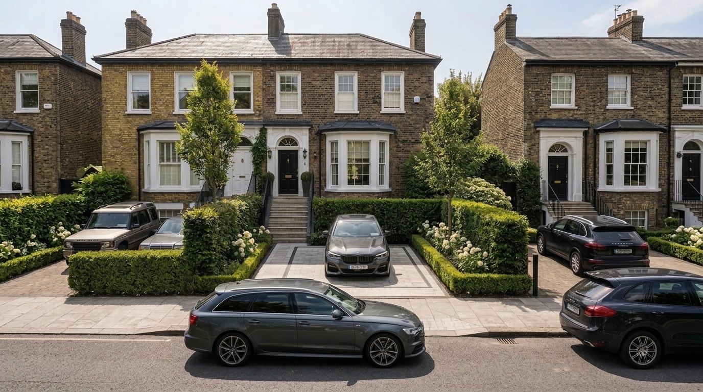 An ordinary evening on an Irish street: the family car on the driveway, others pushed out to the kerb, the frontage annotated by PlotNua as a potential asset.
