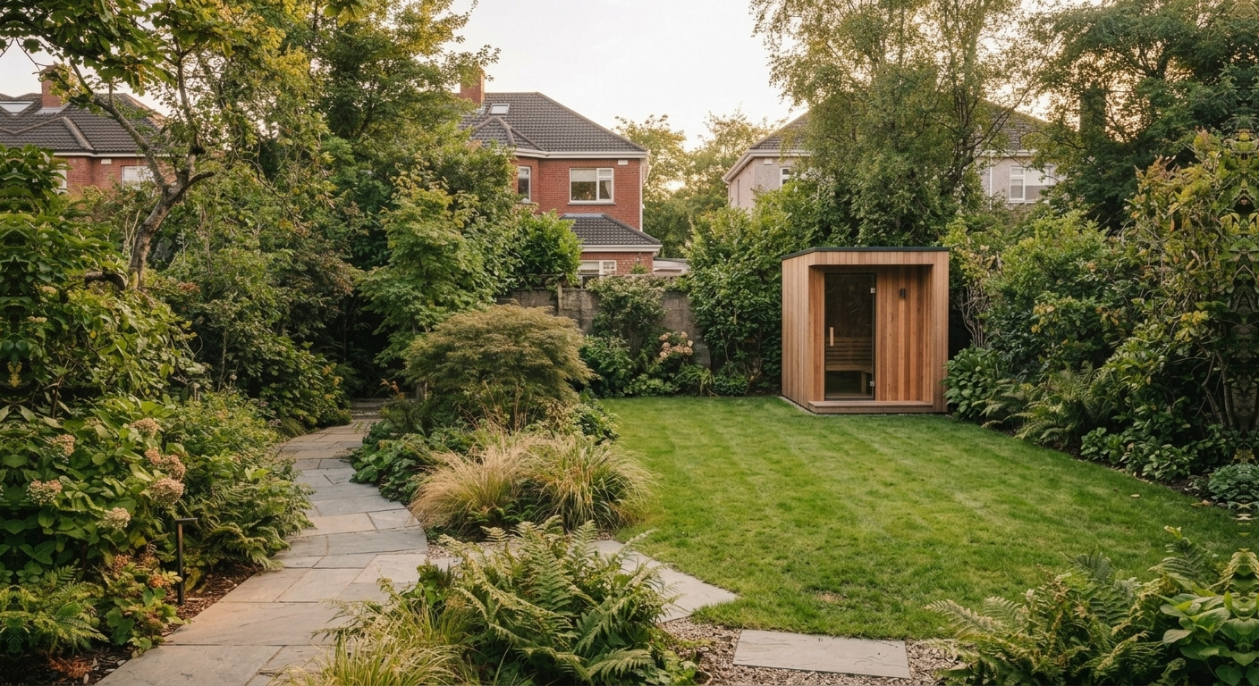 A small timber cabin sauna with a glazed door, standing in the corner of an established Irish suburban garden with the lawn left clear.