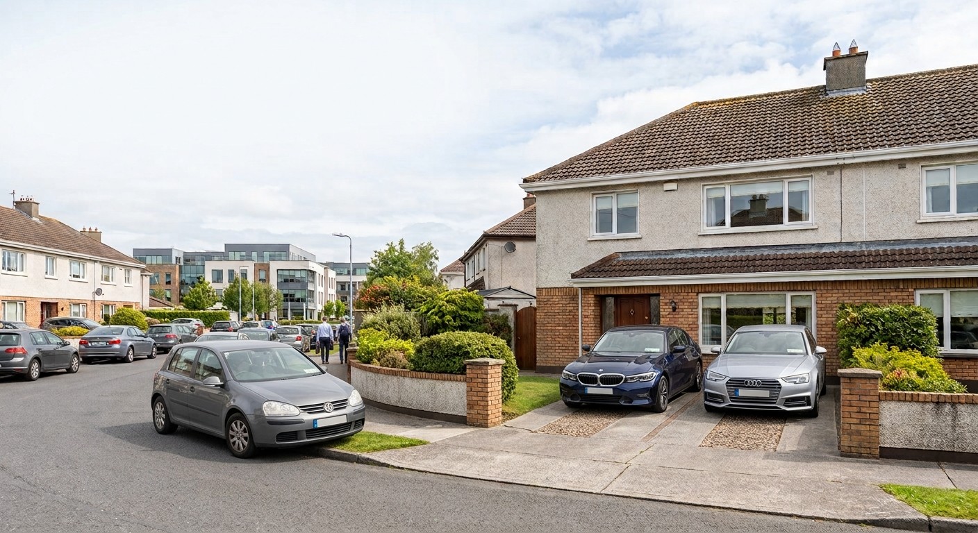 An Irish semi-detached house with two cars parked in its two driveway spaces.