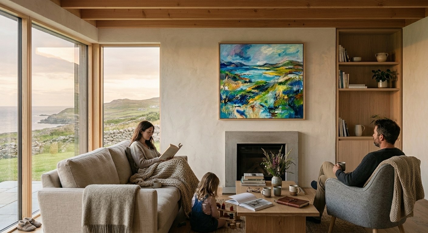 The same living room in the evening, a family reading and playing beneath the painting, the sea darkening beyond the window.