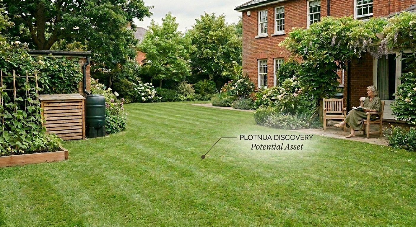The same Irish back garden before anything is planted: an open lawn running from the patio to the boundary, annotated by PlotNua as a potential asset.