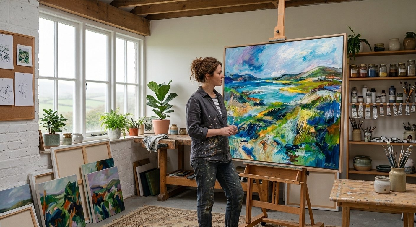 An artist standing at a large easel in a bright studio, working on a coastal landscape, with finished canvases stacked against the wall.
