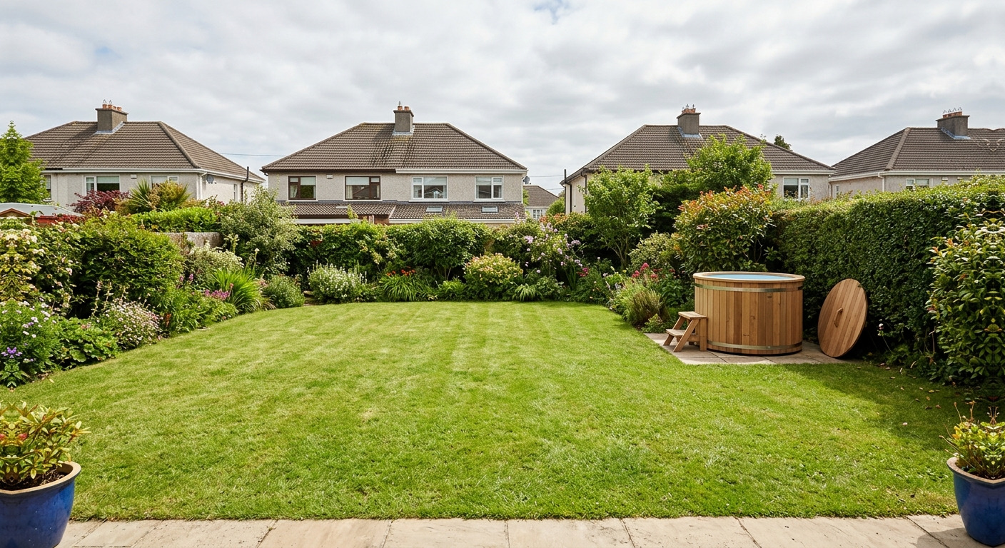 A small round timber cold-plunge tub in the corner of an ordinary Irish garden.