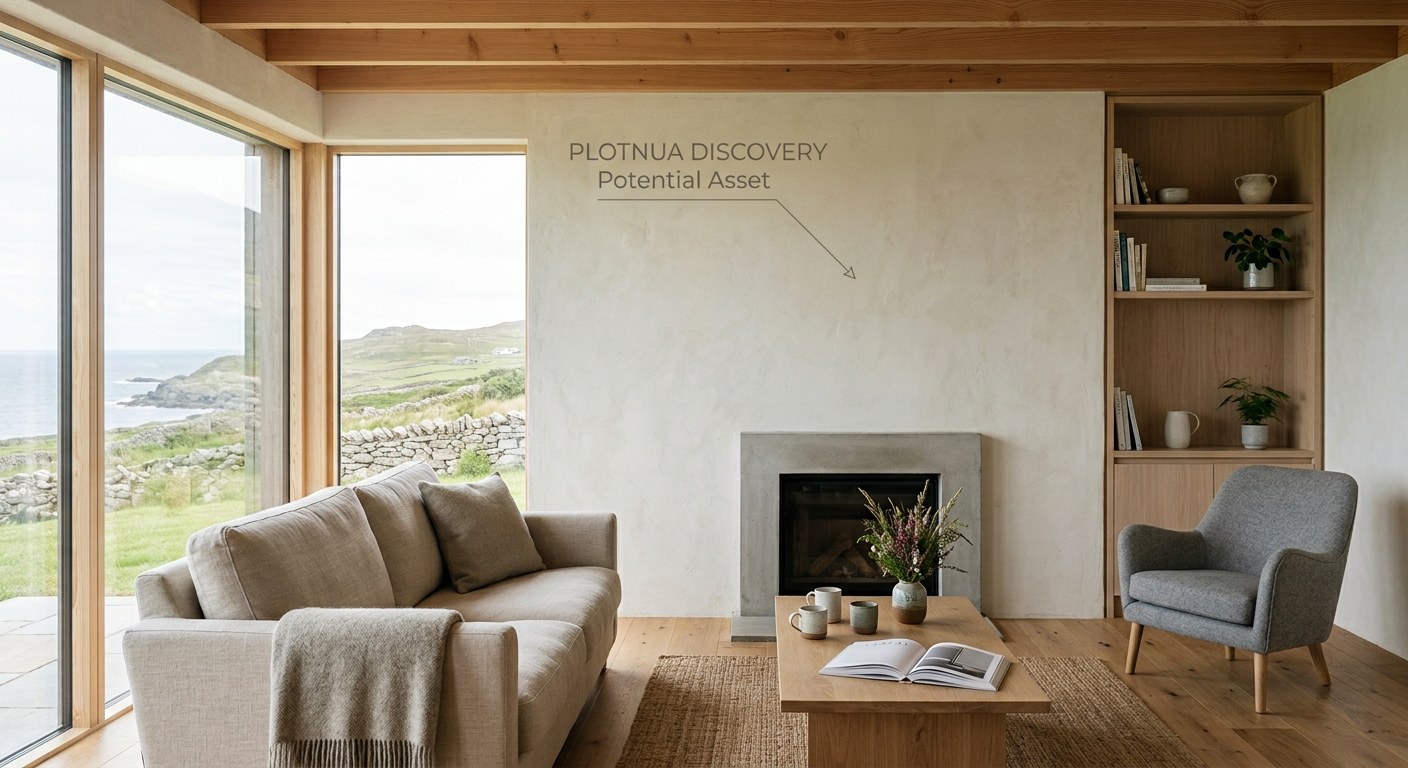 The same Irish living room with the wall above the fireplace empty, annotated by PlotNua as a potential asset.
