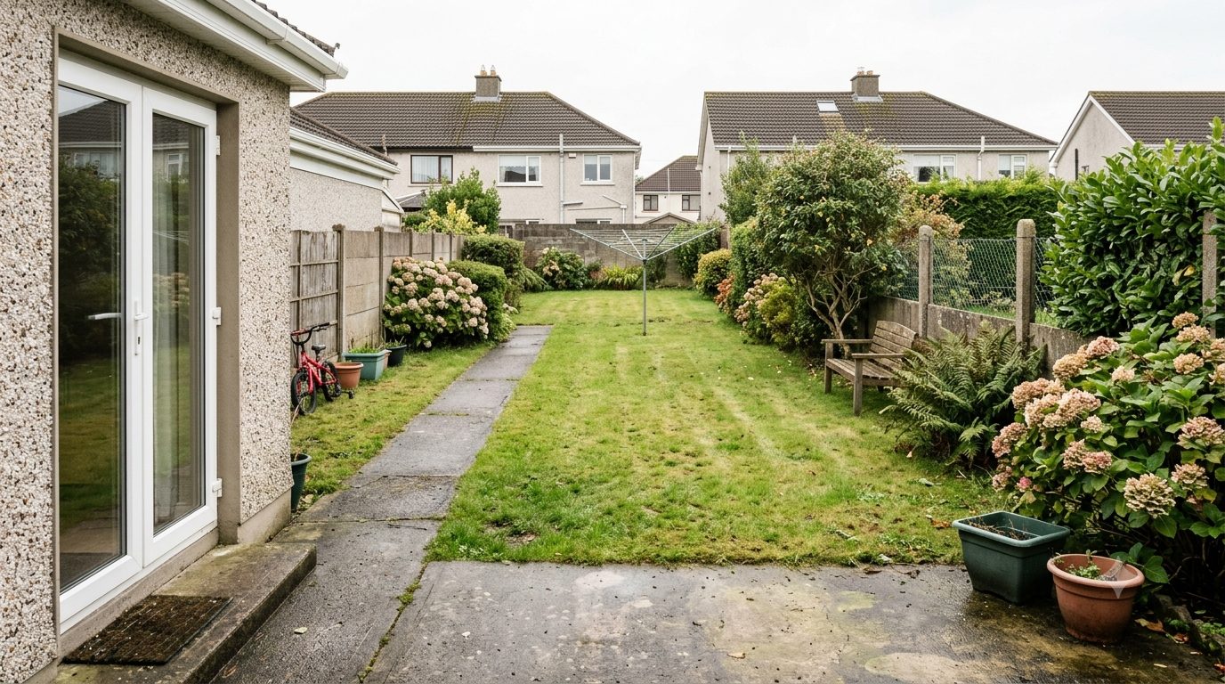 The same back garden as it is today, with nothing built at the far end.