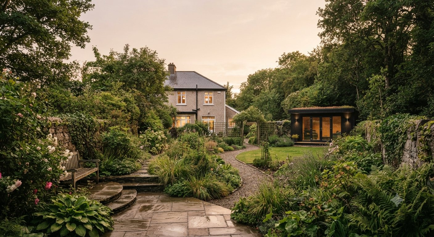 An Irish back garden at dusk, the house lit on one side and a small timber-and-glass room at the far end.