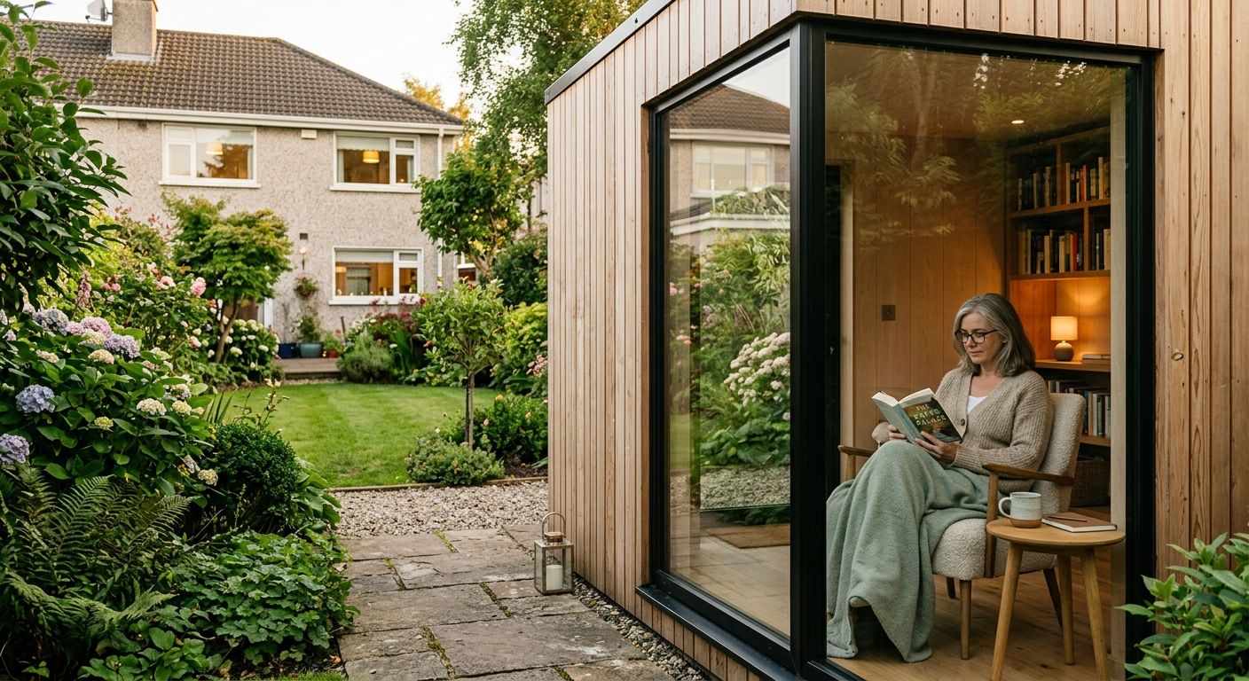 A timber-clad reading room at the end of an Irish back garden, a woman reading in an armchair inside beside a wall of books, with the house and lawn behind.