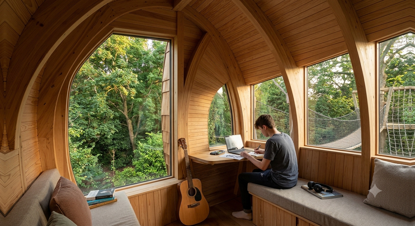 Inside one of the pods: curved timber ribs, boarded walls and ceiling, tall arched windows filled with green canopy on every side, cushioned window seats with books and headphones, a guitar propped against the wall, and a teenager working at a laptop on a fold-down desk.