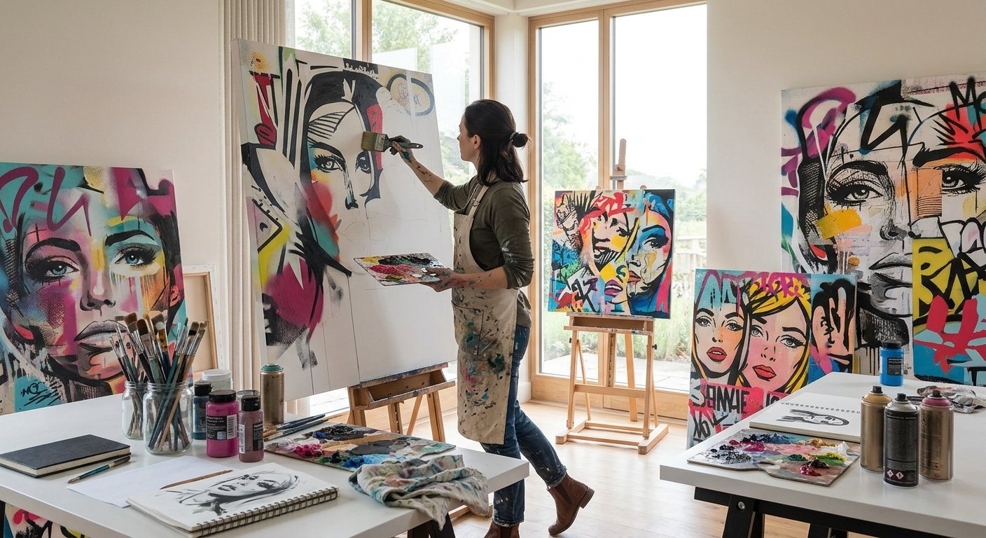 An artist working on a large canvas in a bright studio, surrounded by finished paintings in the same bold style.