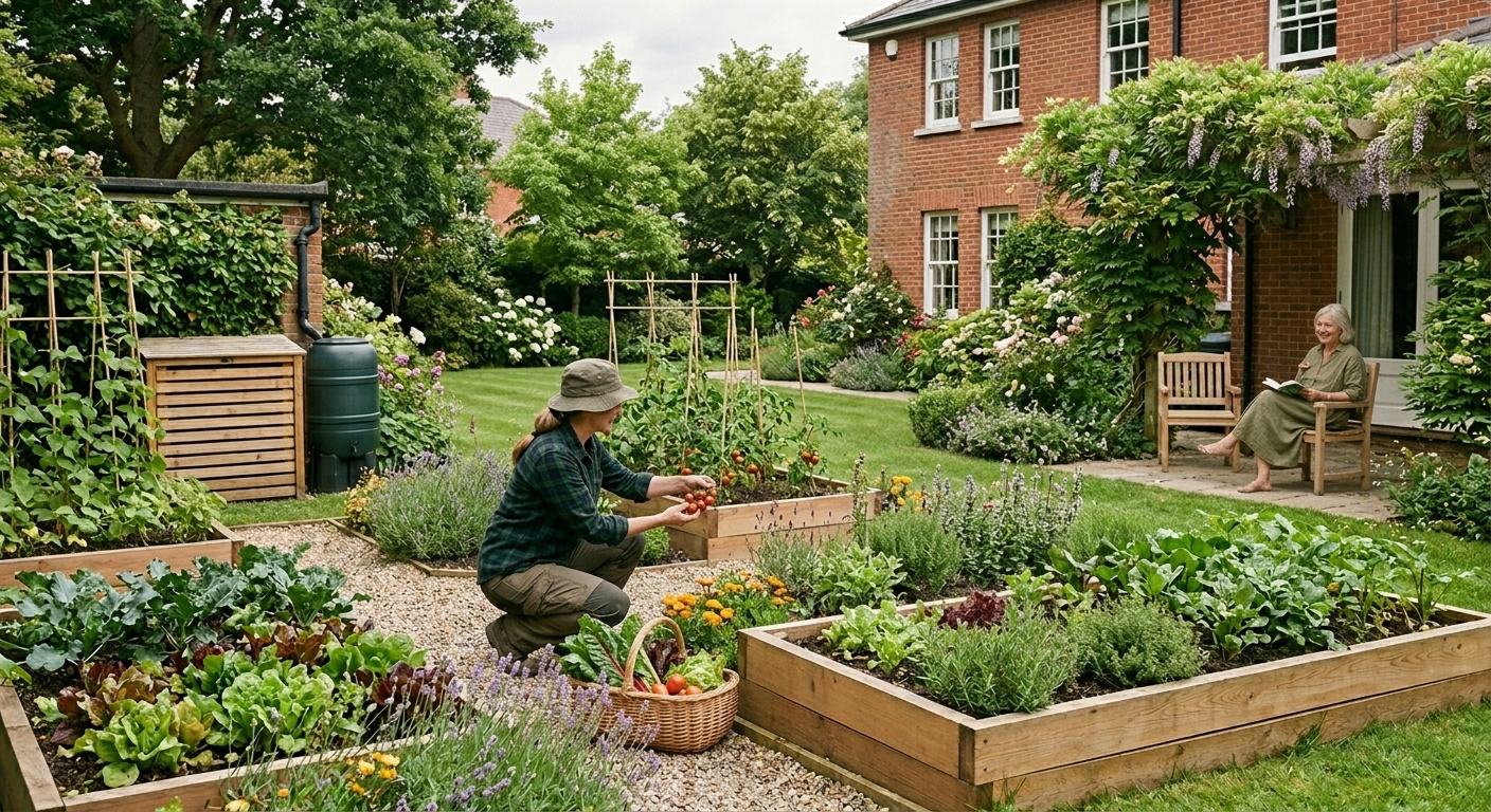 A grower crouching beside the raised beds picking tomatoes into a basket, with the homeowner reading on the patio in the background.
