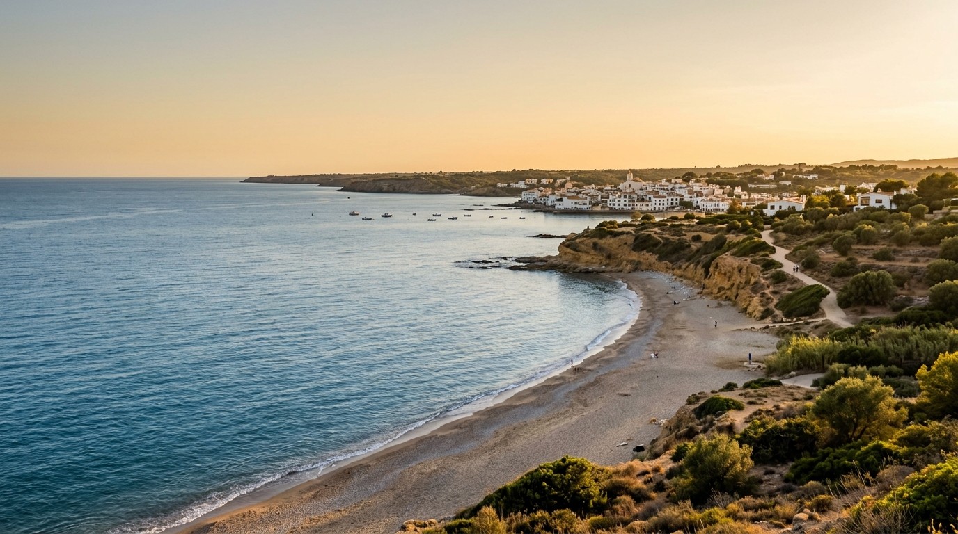 A Mediterranean bay at golden hour: a curving sandy beach, small boats on calm water and a white coastal village on the headland above.