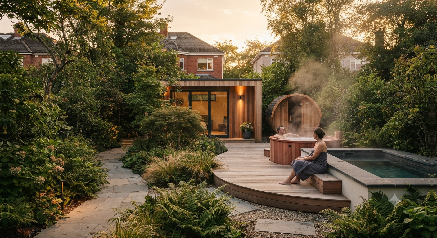 An Irish suburban garden with a timber garden room, a barrel sauna, a hot tub and a plunge pool set among decking and planting.