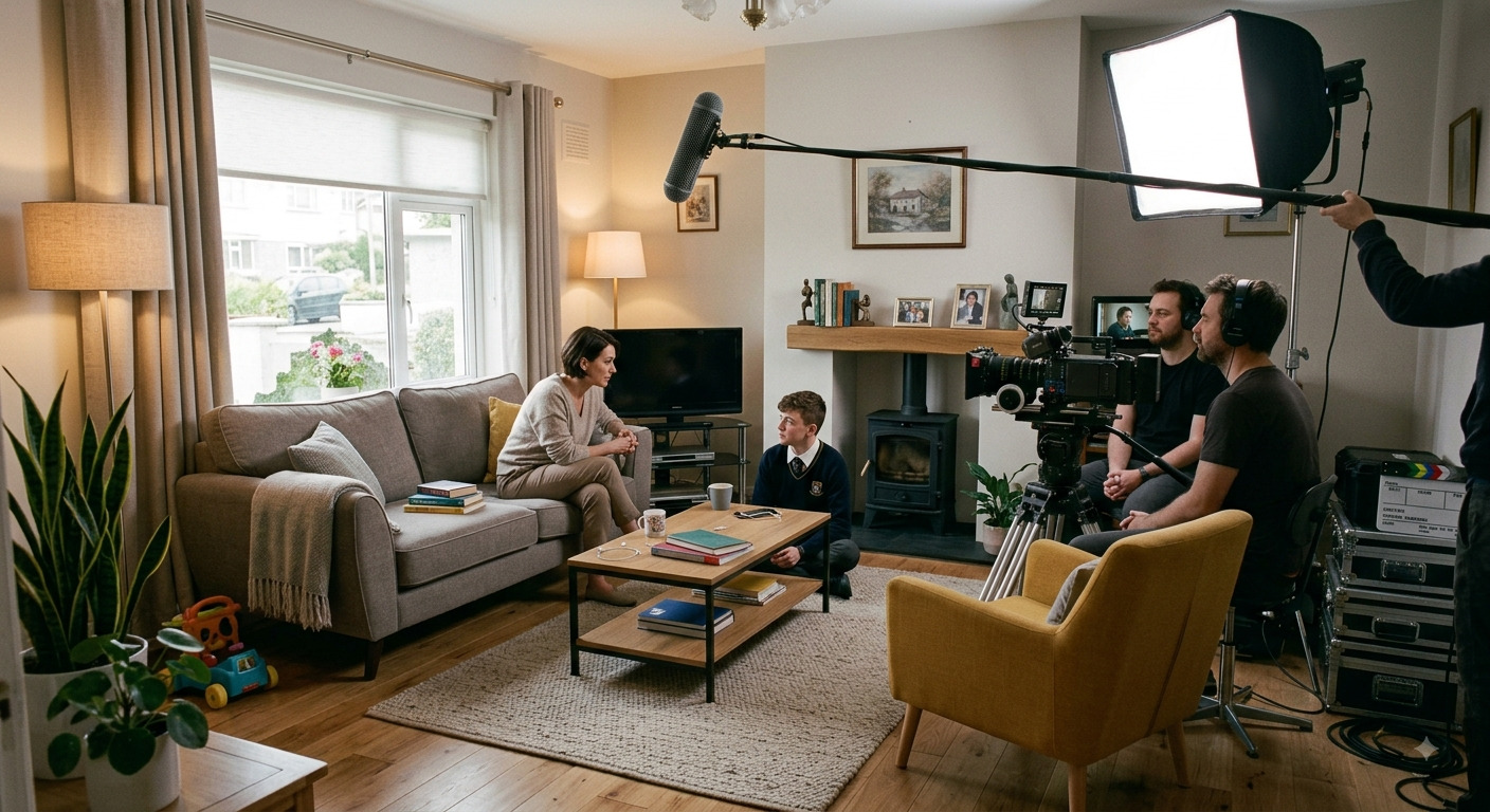 An ordinary Irish sitting room during filming, the family's own photographs and a child's toy still in the room, with a camera on a tripod, a boom overhead and two crew at the monitor.