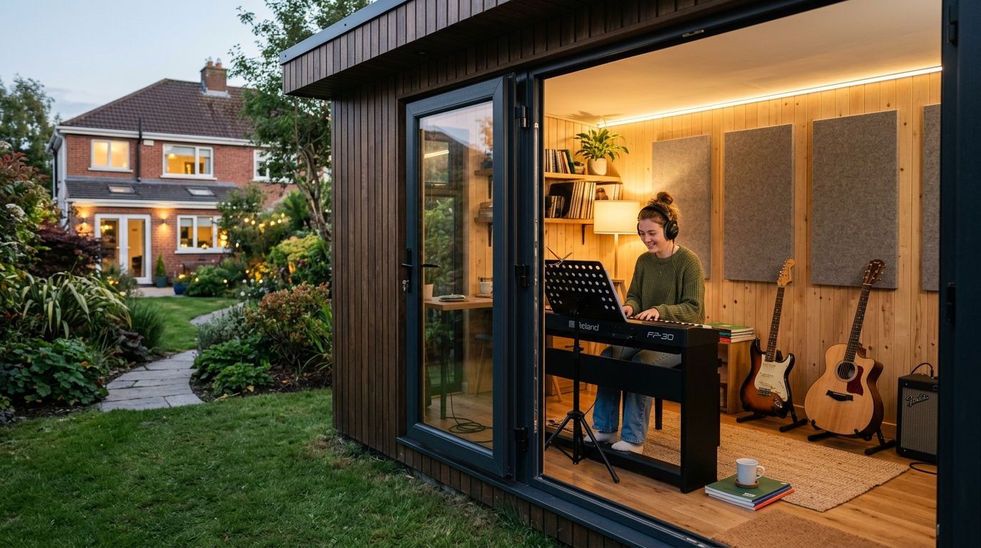 A young woman playing an electric piano in an acoustically lined garden room at dusk, a guitar on a stand beside her and the neighbouring houses beyond the garden.