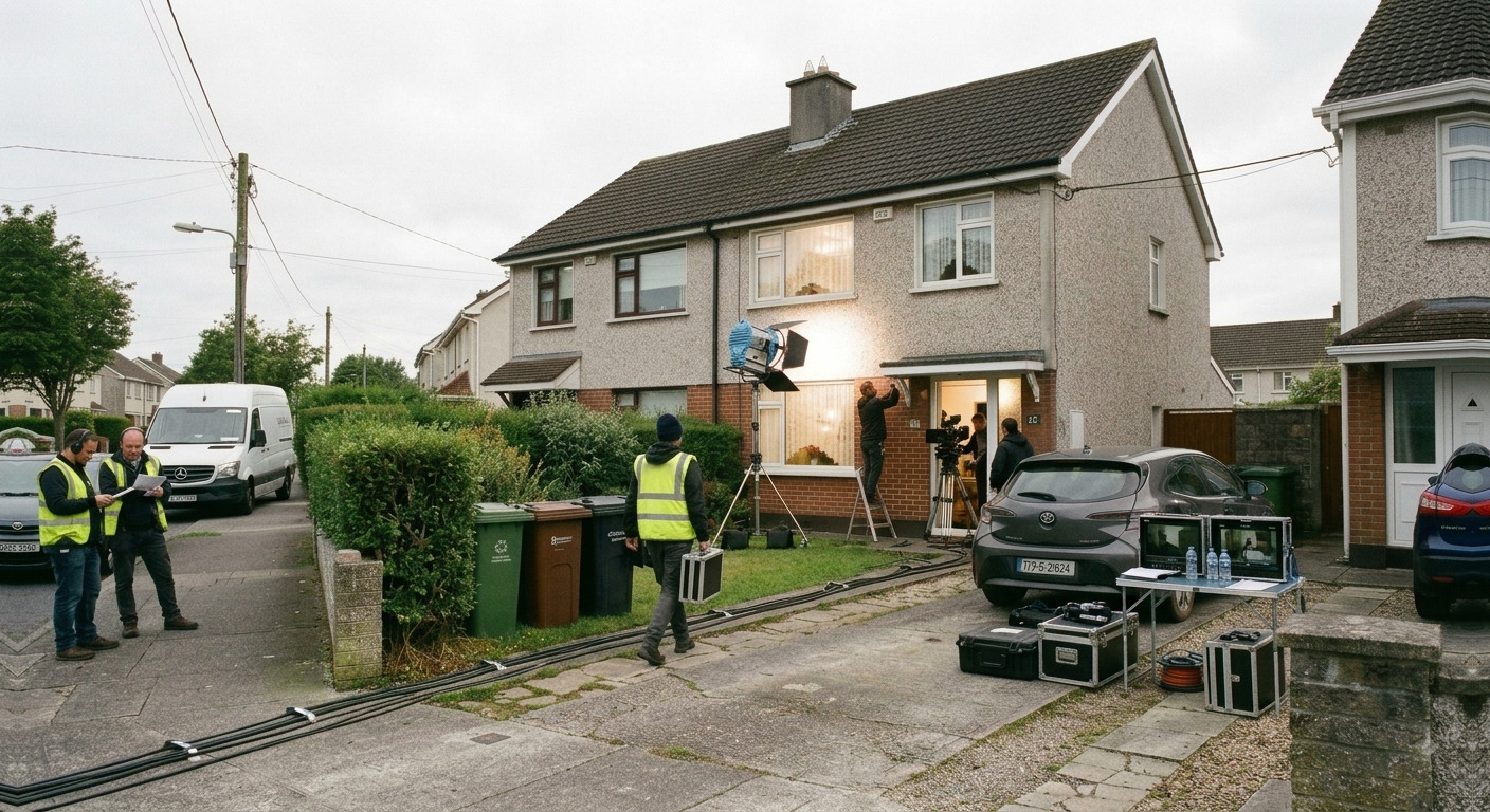 The same house during a small shoot: a lamp on a stand aimed at the front window, a camera on the driveway, taped cable runs across the path, flight cases and a handful of crew.