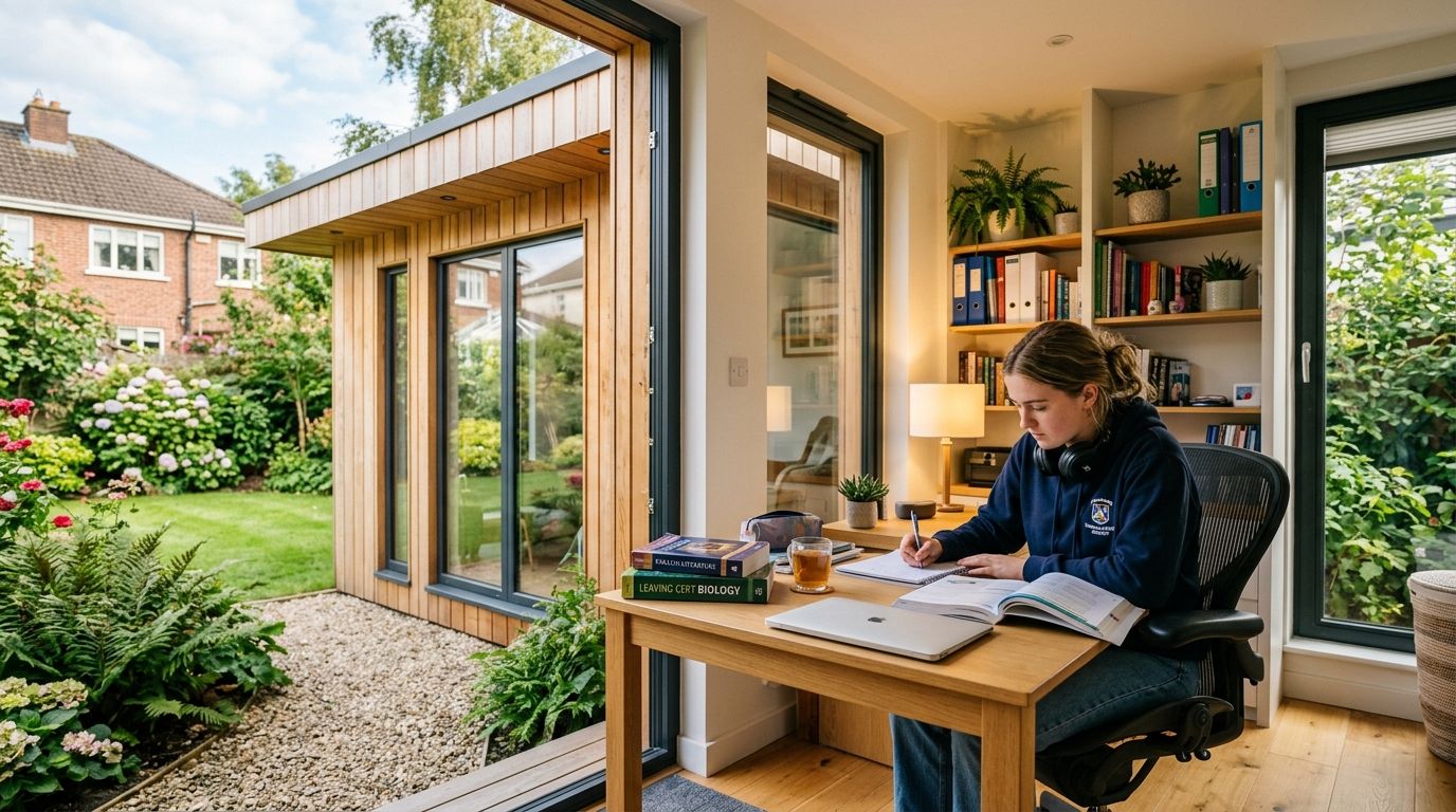 A student working at a desk with Leaving Cert books and a laptop, a timber garden room and the garden visible through the glass beside her.