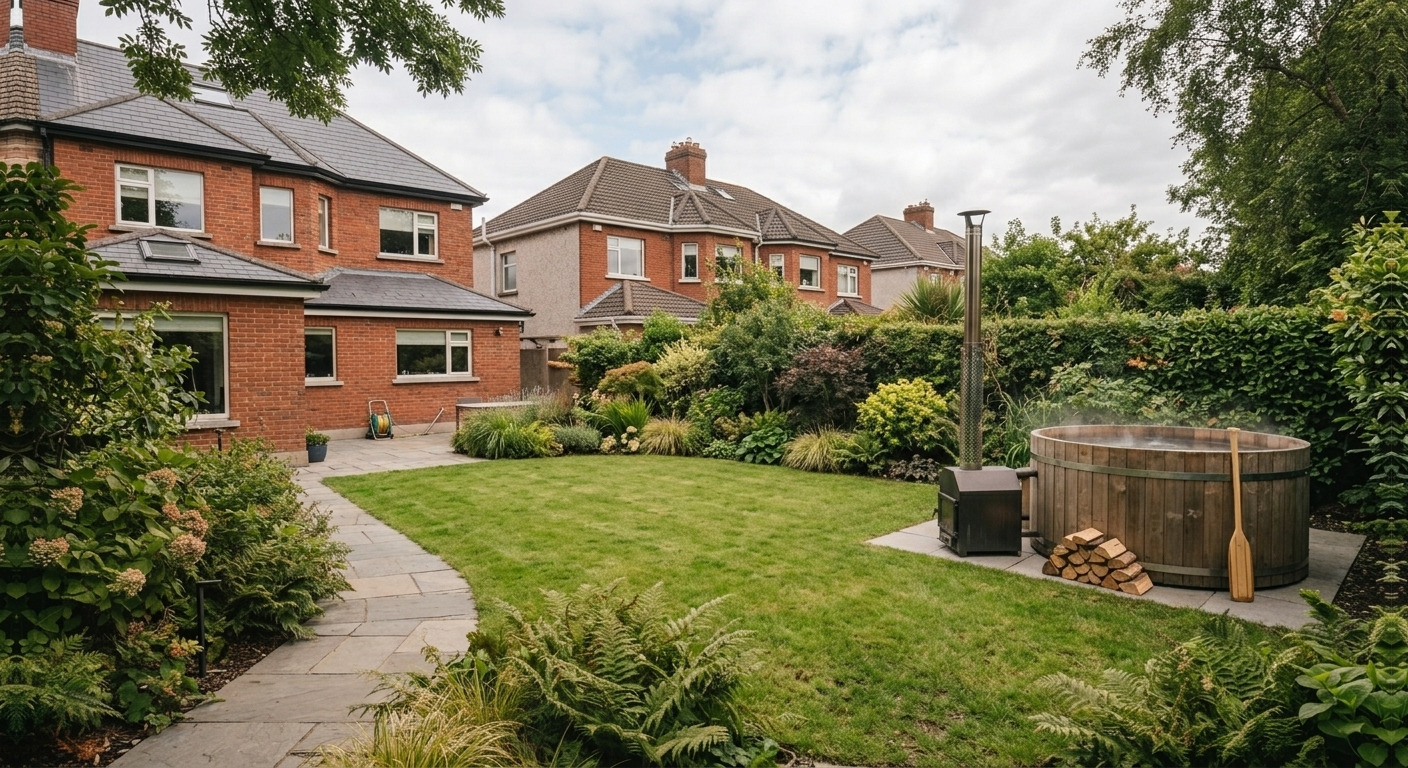A round timber wood-fired hot tub with a stove and flue beside it, on a small paved area at the end of an established Irish suburban garden.
