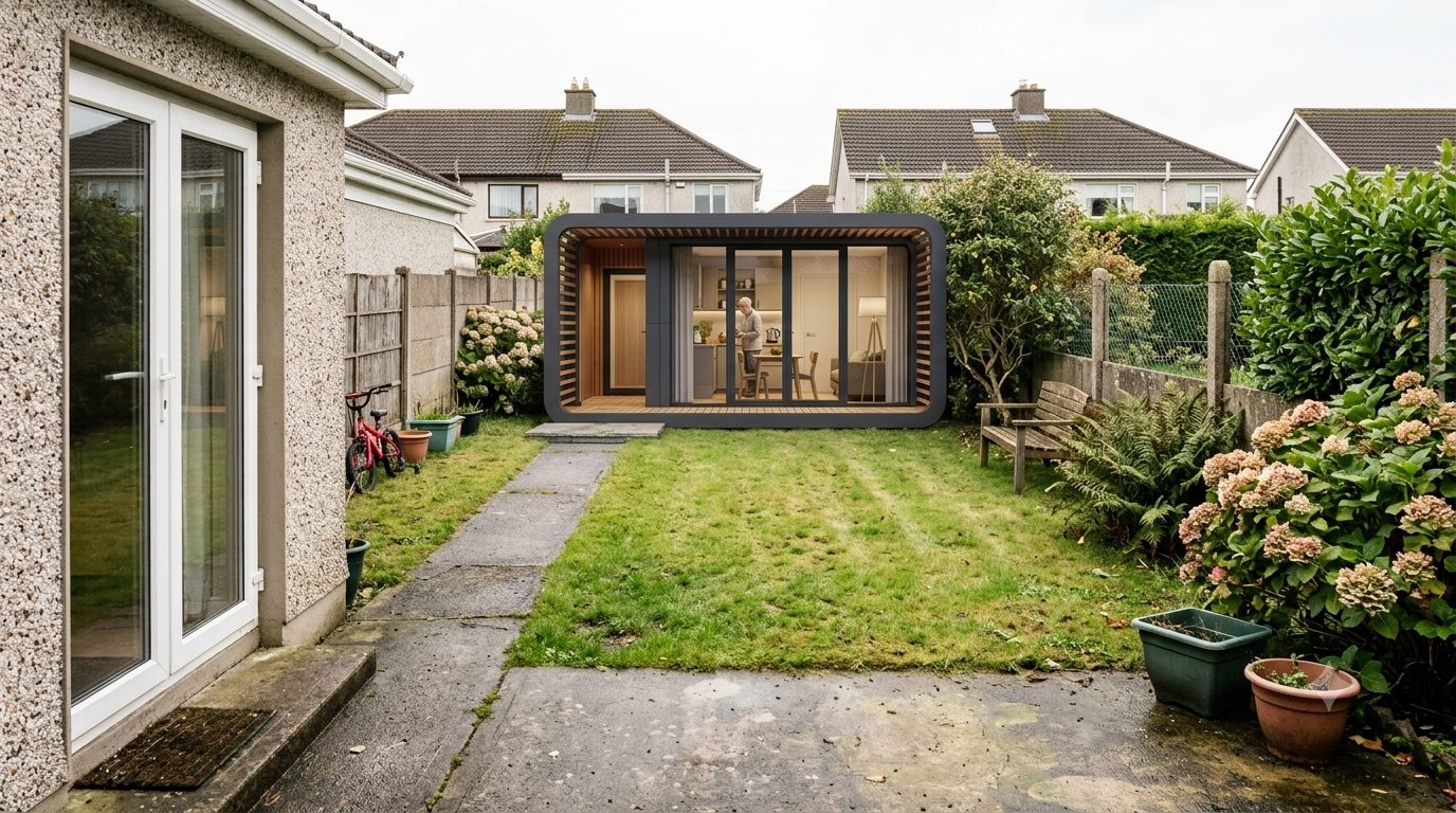 An Irish back garden behind a suburban house, with a small single-storey home at the end of it.