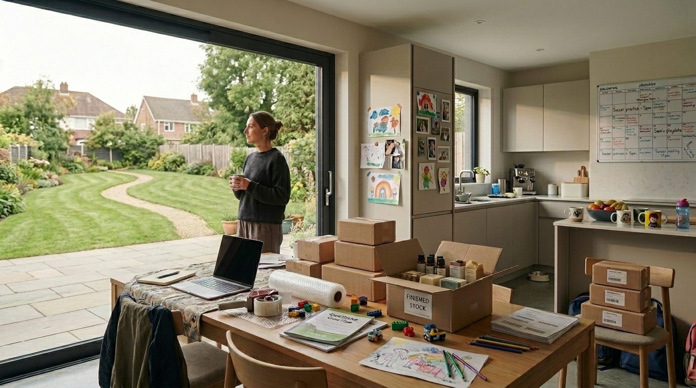 An Irish kitchen with the garden doors open, the family table covered in stock boxes, packing materials and a laptop, and a woman standing with a mug