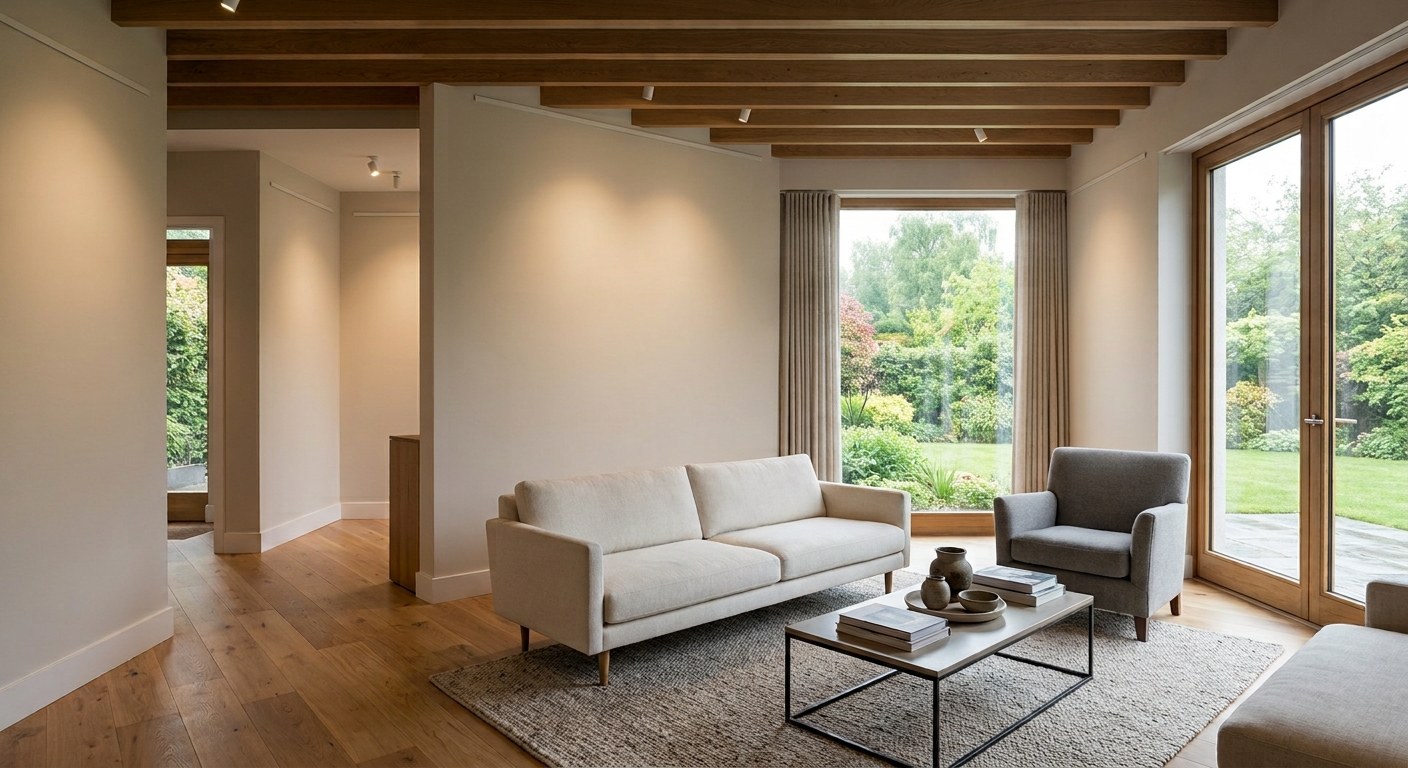 A calm, generous Irish living room with exposed timber beams, oak floors and a large empty wall, opening onto a garden.
