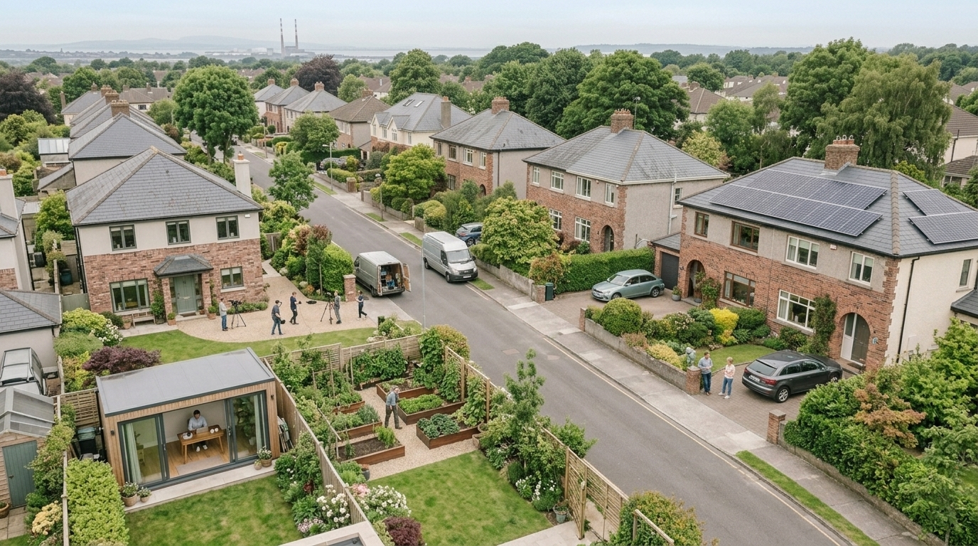 An aerial view of an ordinary Irish suburban road on a summer afternoon: brick houses either side, mature trees, parked cars, a timber garden room at the end of one back garden and raised vegetable beds in the next.