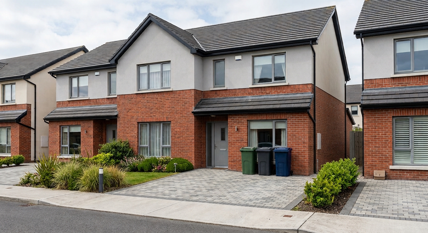 Three ordinary wheelie bins standing exposed on the paved frontage of a new Irish home, annotated by PlotNua with the question "What if the bins disappeared&hellip;"
