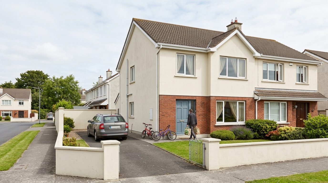 The same Irish semi-detached house a fortnight later: a hire car in the driveway, two children&rsquo;s bicycles against the wall and somebody carrying shopping to the front door.