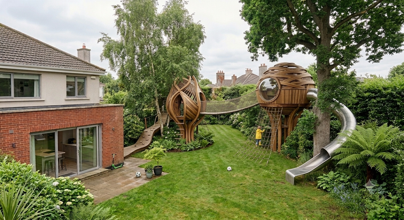The same garden with two timber pods instead of one, joined in the air by a rope bridge. A climbing net rises to one of them, a curved slide runs down from the other to the lawn, and a child is climbing the net.