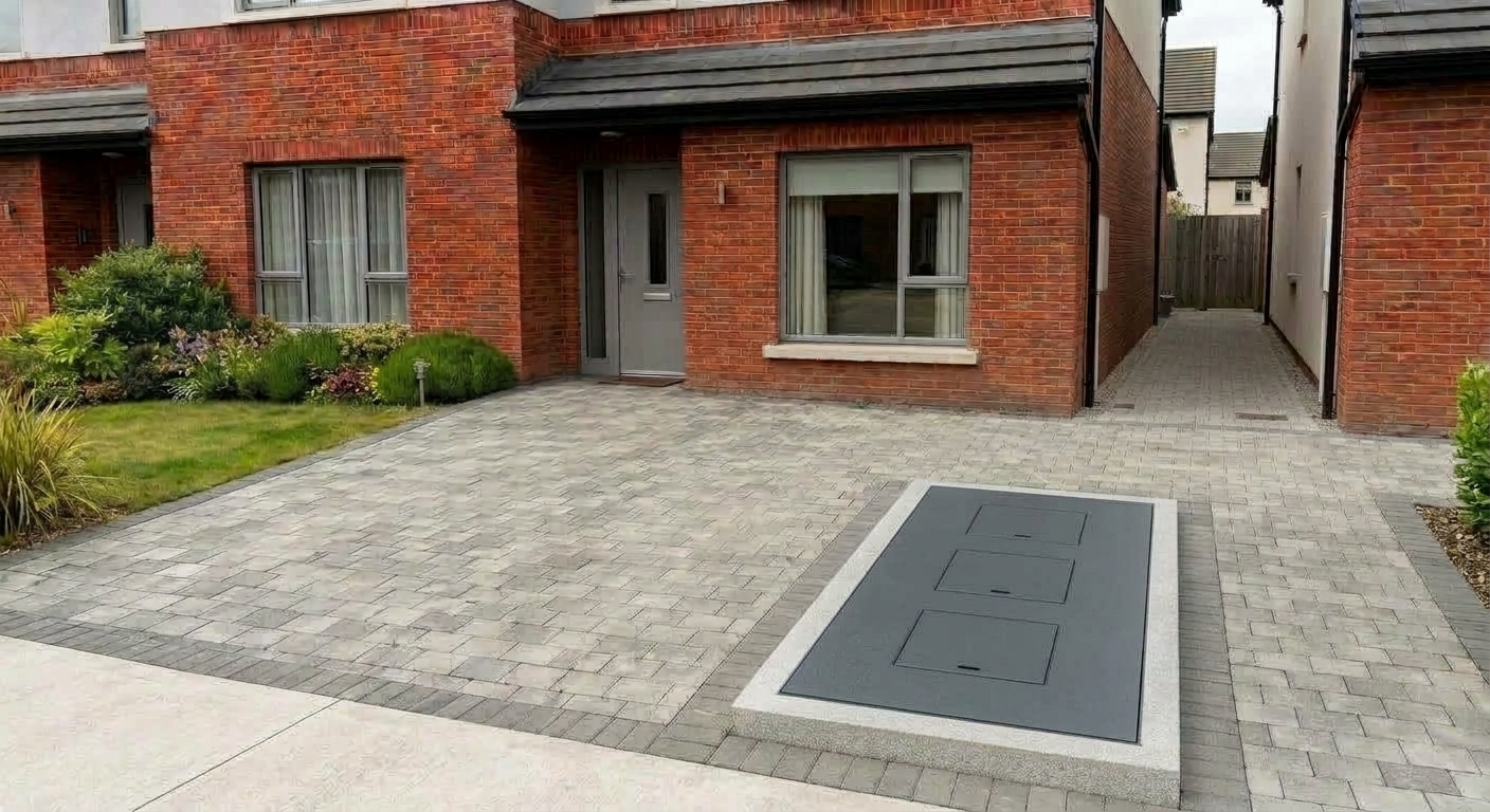 The same frontage with the system closed: a single dark-charcoal surface set flush into the paving, with three cover panels in it.