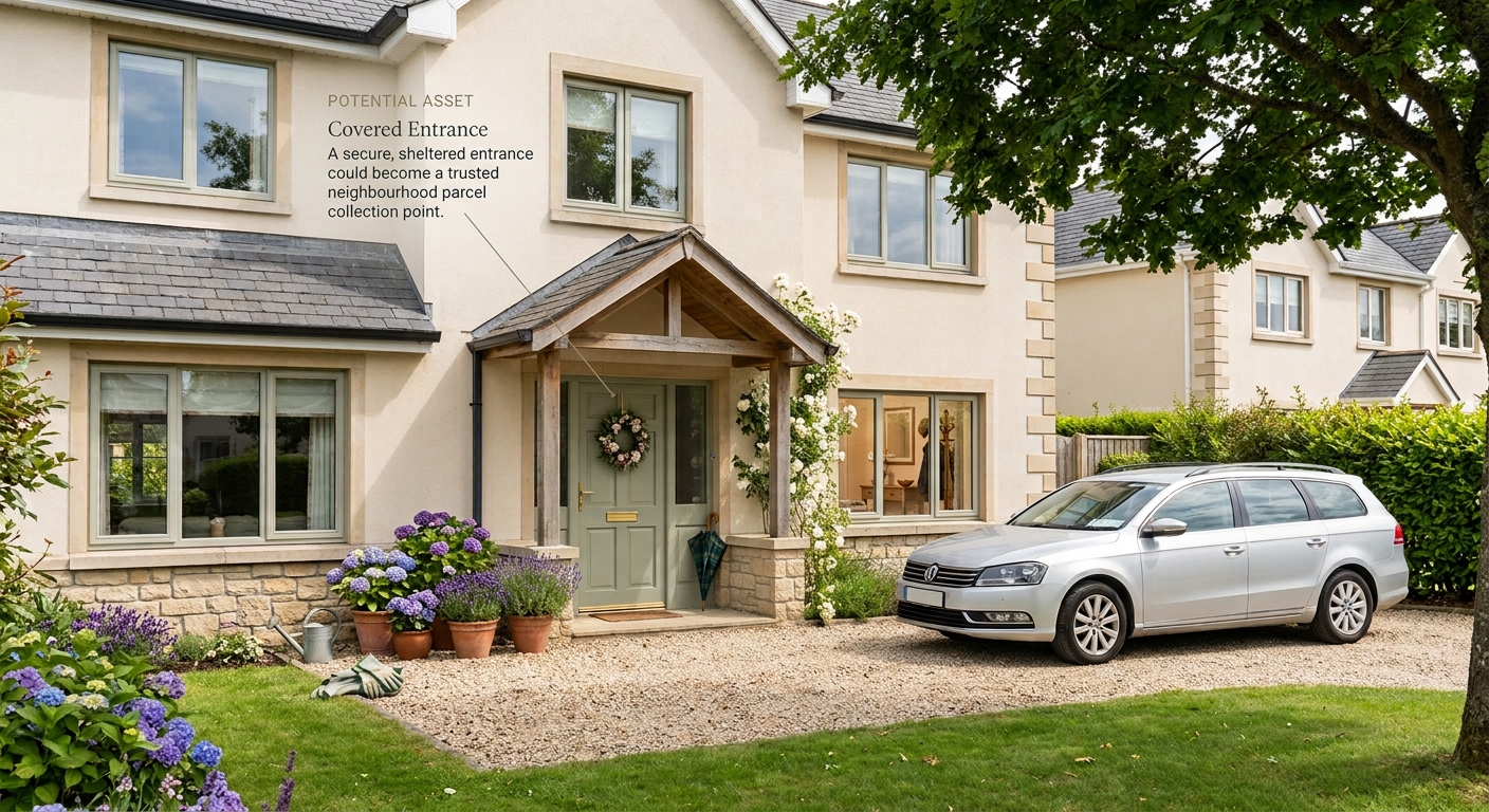 The same house and porch, annotated by PlotNua as a potential asset: a secure, sheltered entrance that could become a trusted neighbourhood parcel collection point.