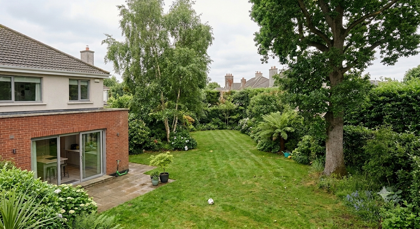 An ordinary Irish back garden seen from the house: a mown striped lawn with a football on it, a paved patio outside sliding doors, a child&rsquo;s scooter, potted plants, a silver birch and a mature oak, with clipped hedges and neighbouring rooftops beyond.