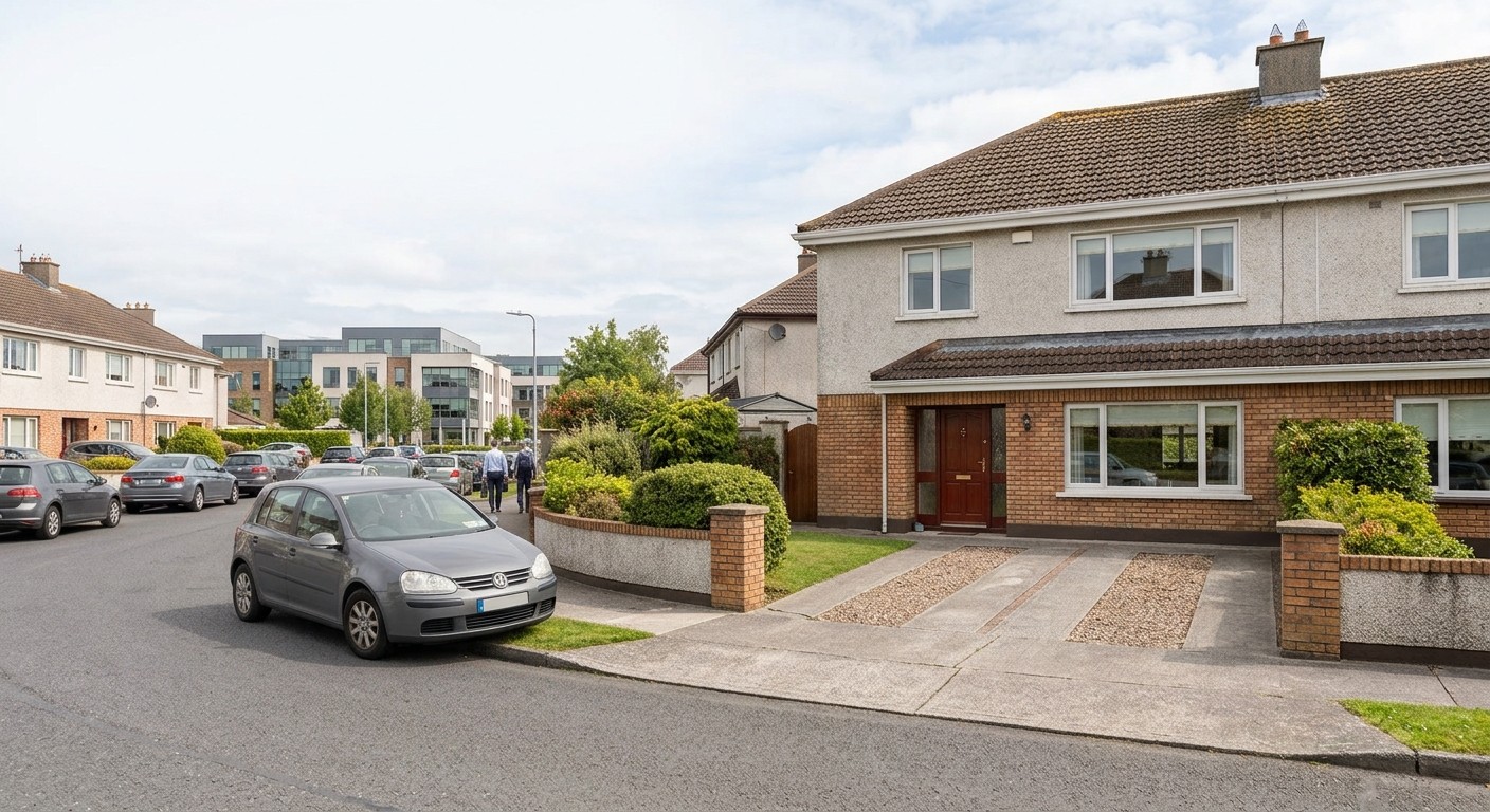 An Irish semi-detached house on a suburban street, its two-space driveway standing completely empty, while cars line the kerb opposite and one is parked up on the grass verge, with an office and apartment development a short walk away.