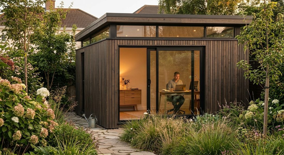 A dark timber garden room at dusk with the sliding door open, someone working at a desk inside, in an Irish back garden.