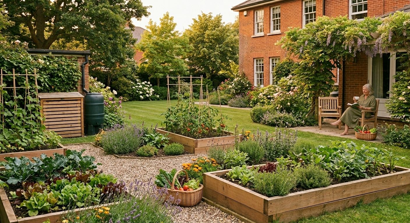 The same garden in evening light with the beds in full growth and a basket of vegetables on the patio beside the homeowner.