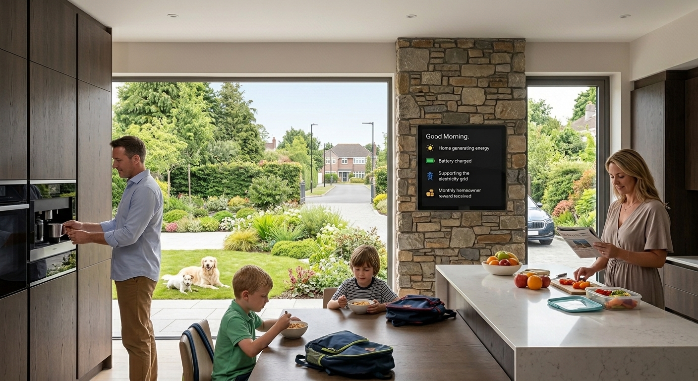 A family kitchen in the morning with the doors open to the garden, and a small wall display showing the home&rsquo;s energy status.