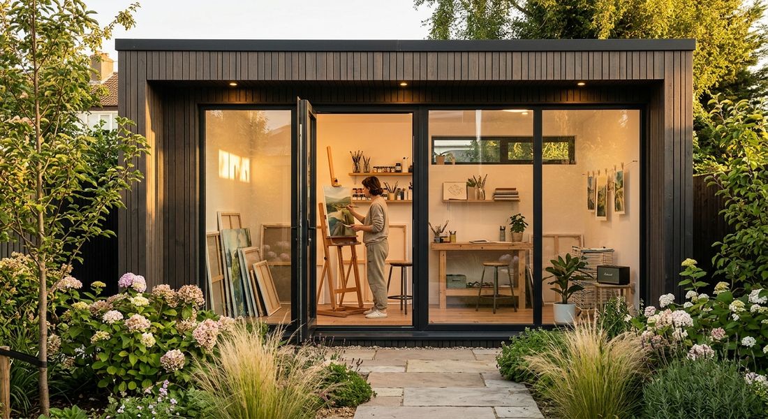 A dark timber garden room with glazed doors open, an artist painting at an easel inside, canvases stacked against the wall.