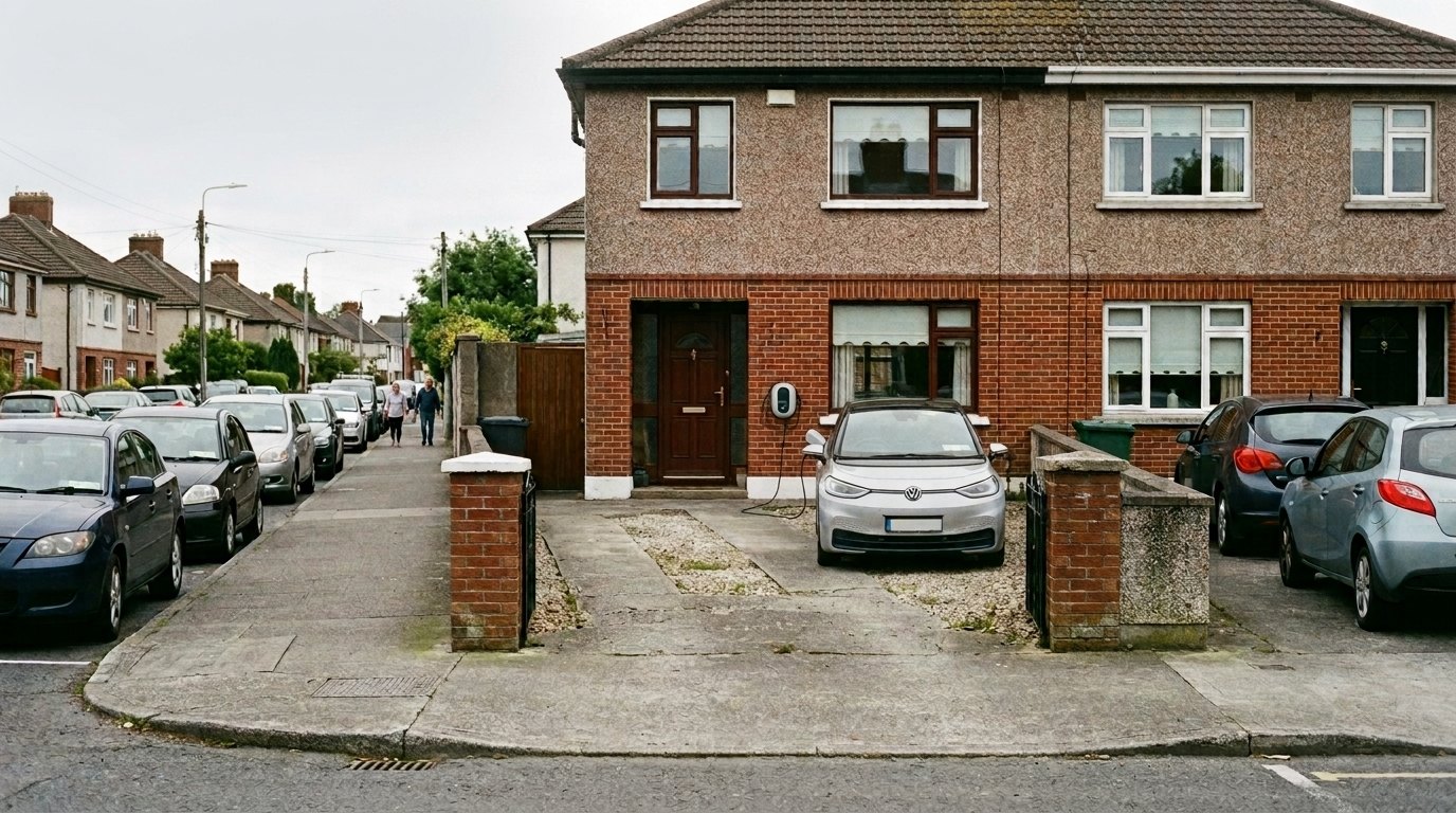 The same Irish street and semi-detached house, the driveway now in use by a visiting car, with the property threshold between the brick entrance pillars annotated by PlotNua as a potential asset.