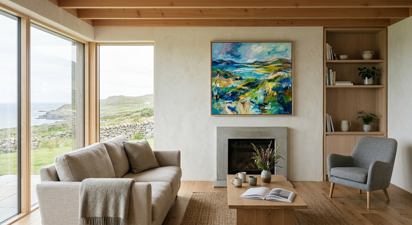 A calm Irish living room with a timber ceiling and one large painting on the wall.