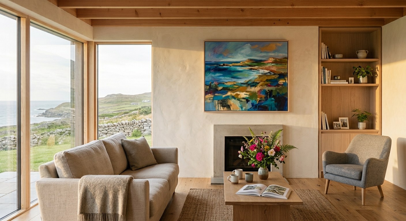 The same living room after a large original landscape painting has been hung above the fireplace, with flowers on the table.