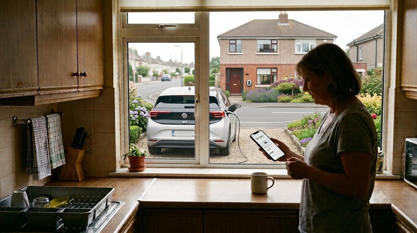 A homeowner standing at her kitchen window with a phone in hand, while a visiting car occupies the driveway outside.