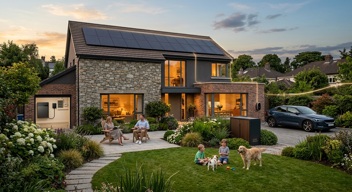 An Irish family outside their home at dusk: solar panels across the roof, a battery unit in the open garage, a charger on the wall and an electric car in the driveway.